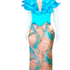 Turquoise fitted full length dress with leaf designed neckline